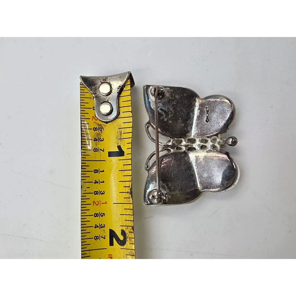 Monet Butterfly Brooch Mother of Pearl Rhinestone Silver Tone Vintage Pin